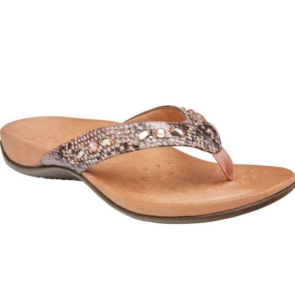 Vionic Women's Tan Lucia Snake Print Jewels Embellished Flip Flop Sandals Size 7 - Picture 1 of 11